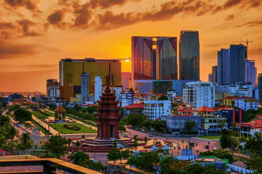 Phnom Penh city skyline at sunset